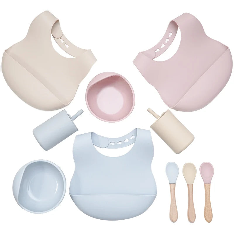 Baby Feeding Bowl Set Silicone Bibs Non-Slip Baby Silicone Tableware BPA Free Silicone Chewing Food Grade Newborn Accessories