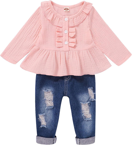 Toddler Baby Girl Outfits Ruffle Sleeve Linen Shirt Cute Ripped Jeans Kids Denim Pants Set Infant Baby Clothes Girl